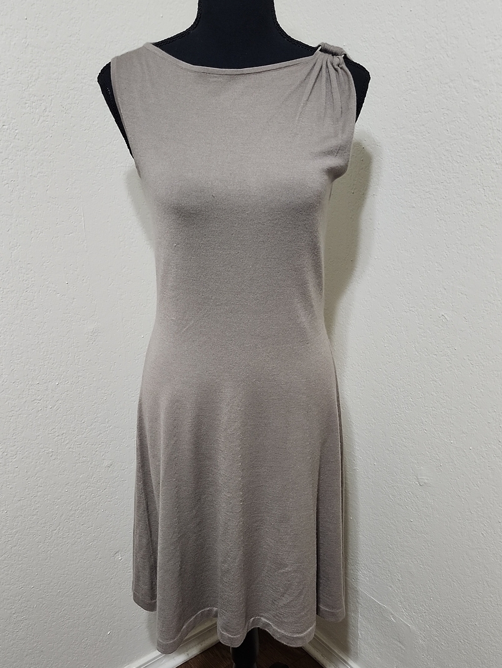 Ralph Lauren Cashmere Silk Knit Dress Taupe Minimalist Knot Shoulder M